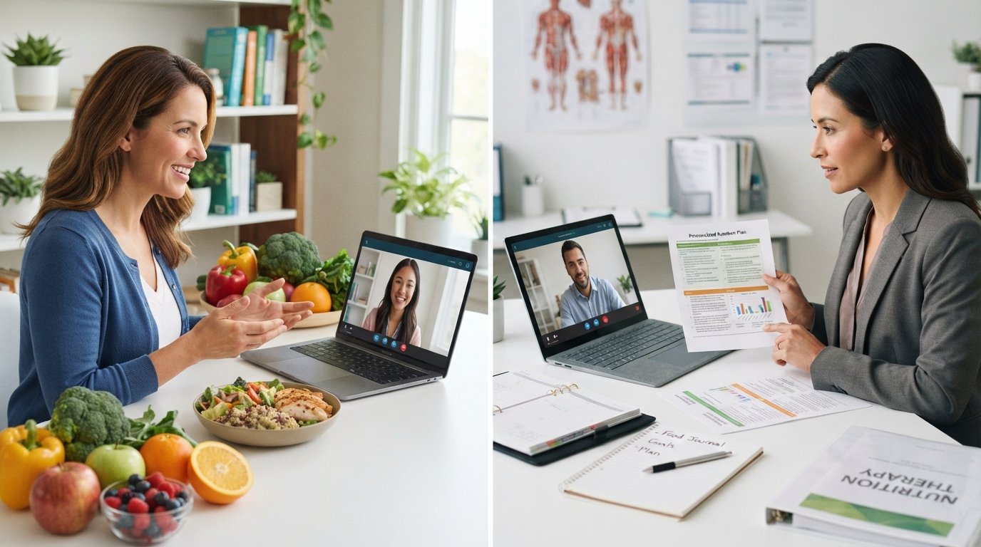 Split-screen comparison showing an online nutritionist and a dietitian providing virtual nutrition consultations.